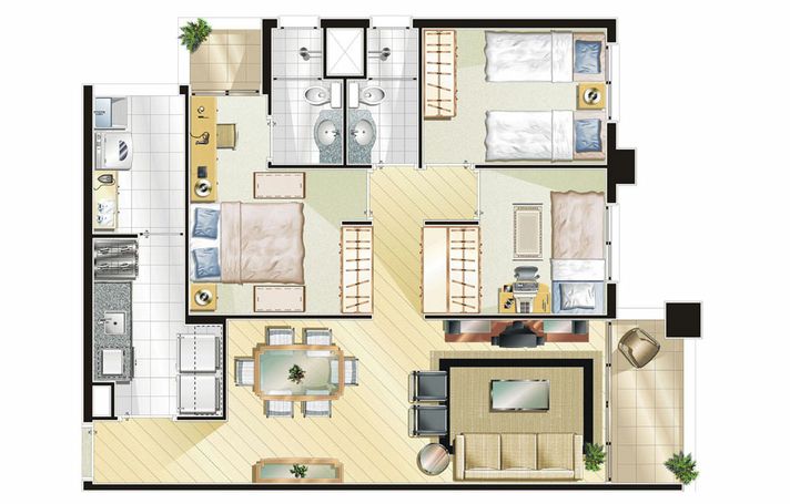 Family Choice: Ideal para famílias grandes ou que estão crescendo. Esta opção dispõe de 3 dormitórios, sendo uma suíte com terraço, sala para 2 ambientes, hall multiuso e rouparia.