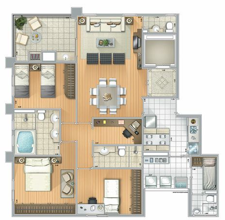 Planta padrão (opção 2): 
106m² privativos; 
elevador social privativo; 
3 dormitórios (1 suíte master) + escritório; 
cozinha com copa; 
amplo terraço com churrasqueira; 
suíte empregada; 
lavabo.