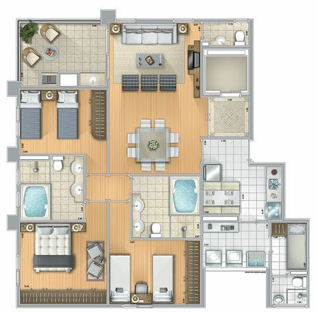 Planta padrão (opção 3): 
106m² privativos; 
elevador social privativo; 
3 dormitórios (1 suíte master) + banheiro master; 
cozinha com copa; 
amplo terraço com churrasqueira; 
suíte empregada; 
lavabo.