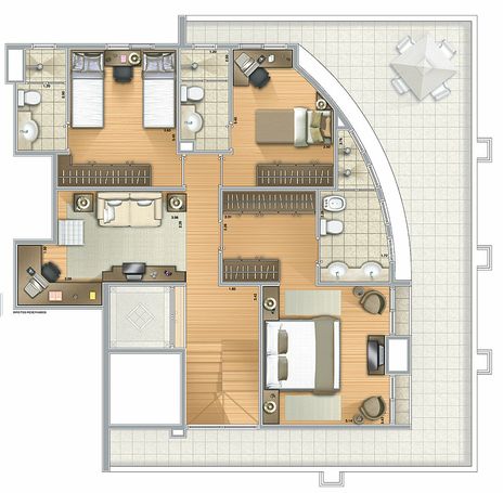 Planta Cobertura Triplex (Superior): 
252m² privativos; 
elevador social privativo; 
4 Dormitórios (3 suítes); 
cozinha com copa; 
cobertura com churrasqueira; 
dormitório e banho de empregada; 
Lavabo.