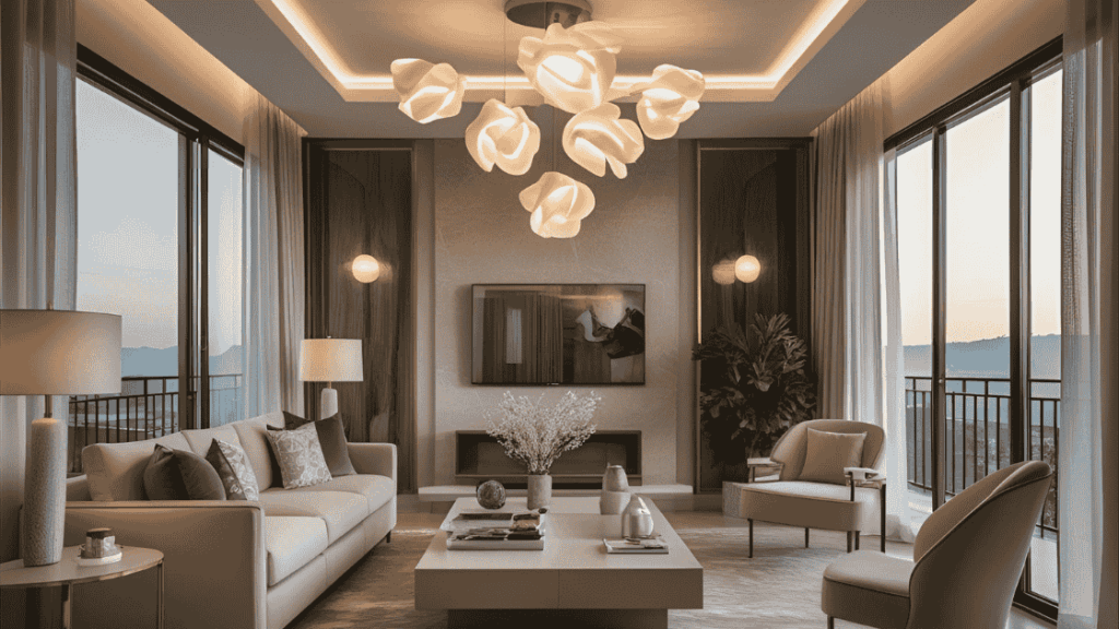 Sala de estar com iluminação cênica e valorizando as Tendências de Design Decoração 2025